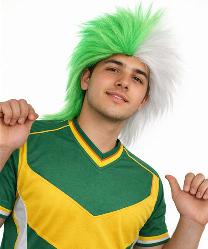 HPO Men's Green and White Sports Wig | Split Color Spiky Mullet Style Flame-retardant Synthetic Fiber | Halloween Themed Party St Patrick's Day Fan Gear