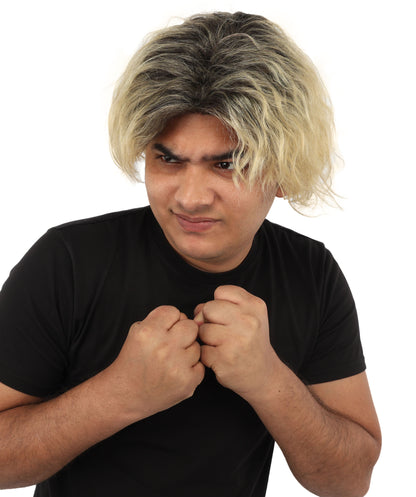 HPO Men's Messy Wavy Shag Black & Grey Wig | Two-tone rooted hue, create of synthetic fiber, relaxed tousled volume, breathable base | Party, Halloween, theater, drag, performance, costume events