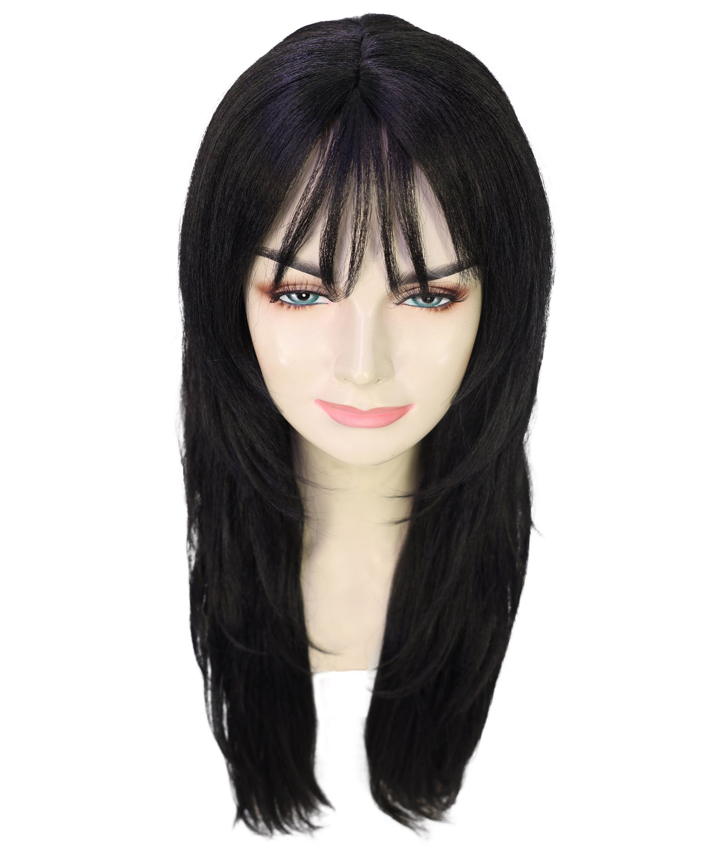 HPO Adult Womens Sleek Black Wig with Layered Cut & Wispy Bangs | Celebrity Inspired Long Hair Look | Ideal for Halloween | Breathable Cap