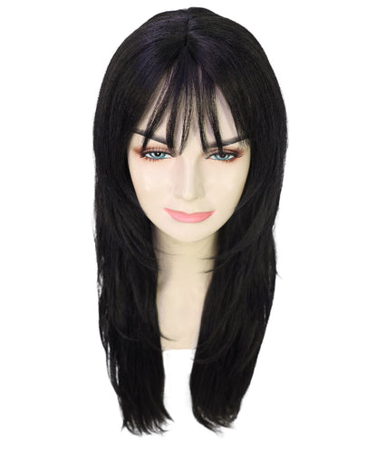 HPO Adult Womens Sleek Black Wig with Layered Cut & Wispy Bangs | Celebrity Inspired Long Hair Look | Ideal for Halloween | Breathable Cap