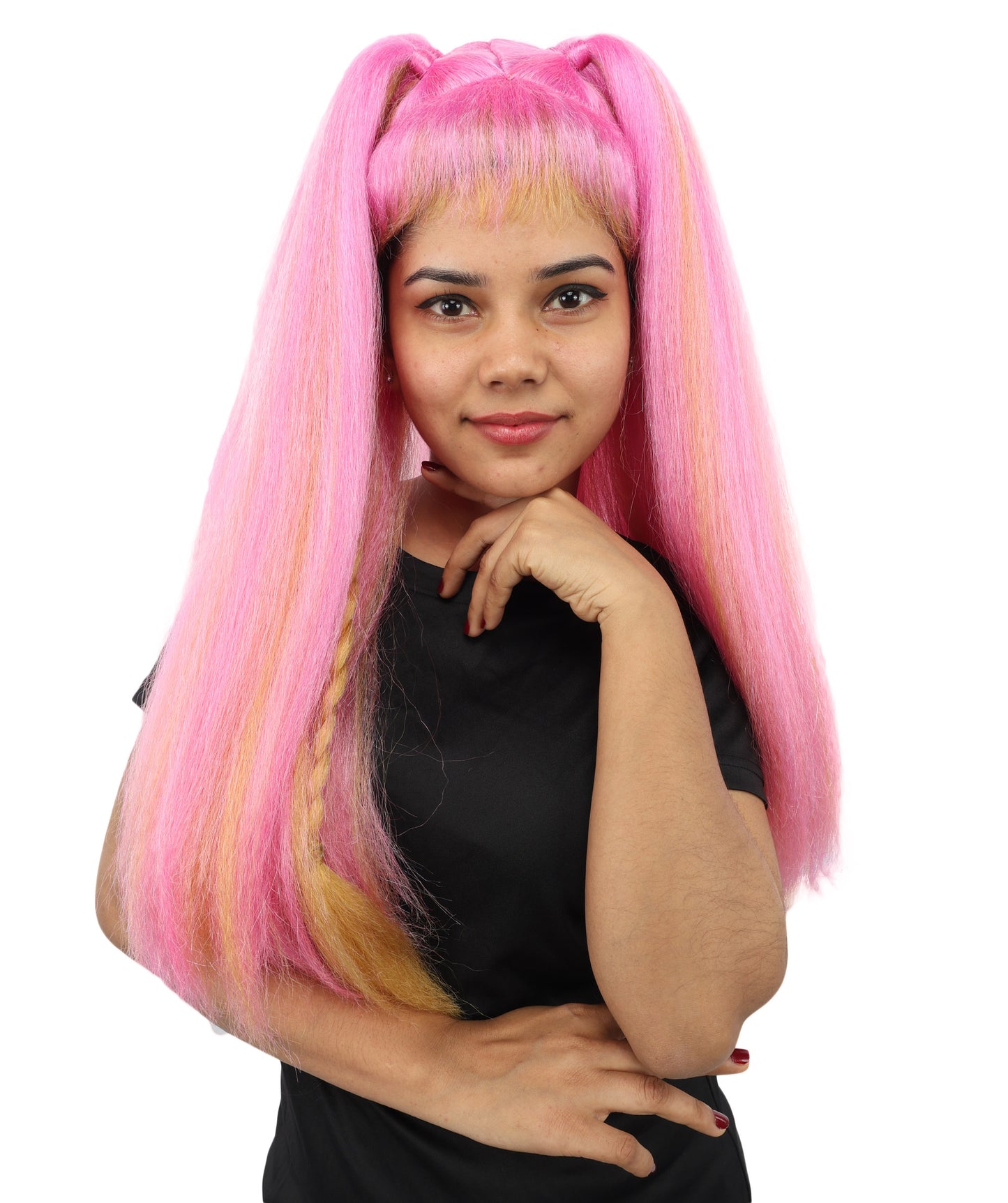 HPO Women's Pastel Candy Fantasy Wig | Pink and yellow gradient hues, create of synthetic fiber, long crimped texture with blunt bangs, breathable base | Party, Halloween, theater, drag, performance, costume events
