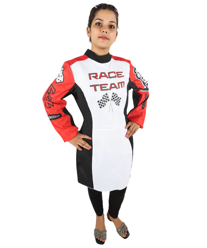 HPO Women’s Racing-Themed Costume | Black, White & Red Jumpsuit with Gloves | RONIOR Fabric 3-in-1 Outfit for Performance & Cosplay
