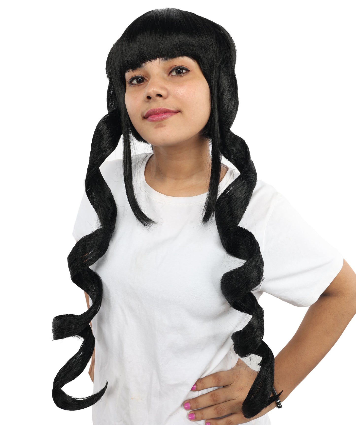 HPO Women's Spiral Curl Black Double Ponytails Wig | Long Synthetic Hairpiece with Twisted Ponytails | Cosplay, Parties, Stage Performances