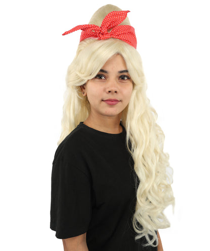 HPO Women’s Retro Beehive Wig with Red Bow | Multicolor Options | Extra Long Wavy Fancy Dress Accessory | Fancy Dress Accessory | Celebrity-Inspired Hair for Halloween, Cosplay & Music Tribute Parties