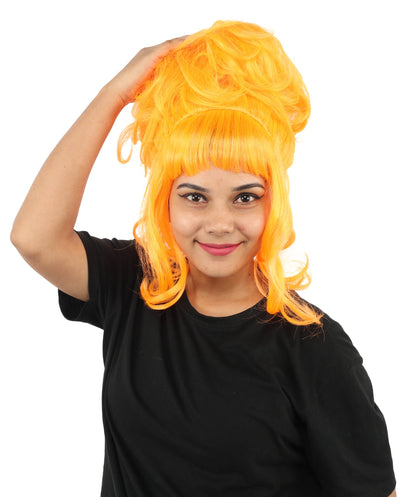 HPO Adult Women's Elegant Updo Tendril Wig | Multiple Color Options | Pastel peach hue, create of synthetic fiber, high teased volume with face-framing strands, breathable capless cap | Party, Halloween, theater, drag, performance, costume events