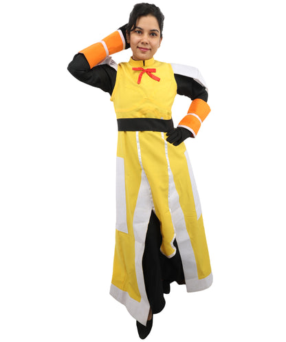 HPO Fantasy Warrior Dress Suit | Yellow and black uniform nw construction featuring a main body dress, hand gloves, and structured belt | Ideal for party, Halloween, cosplay, theater, drag, performance, costume events