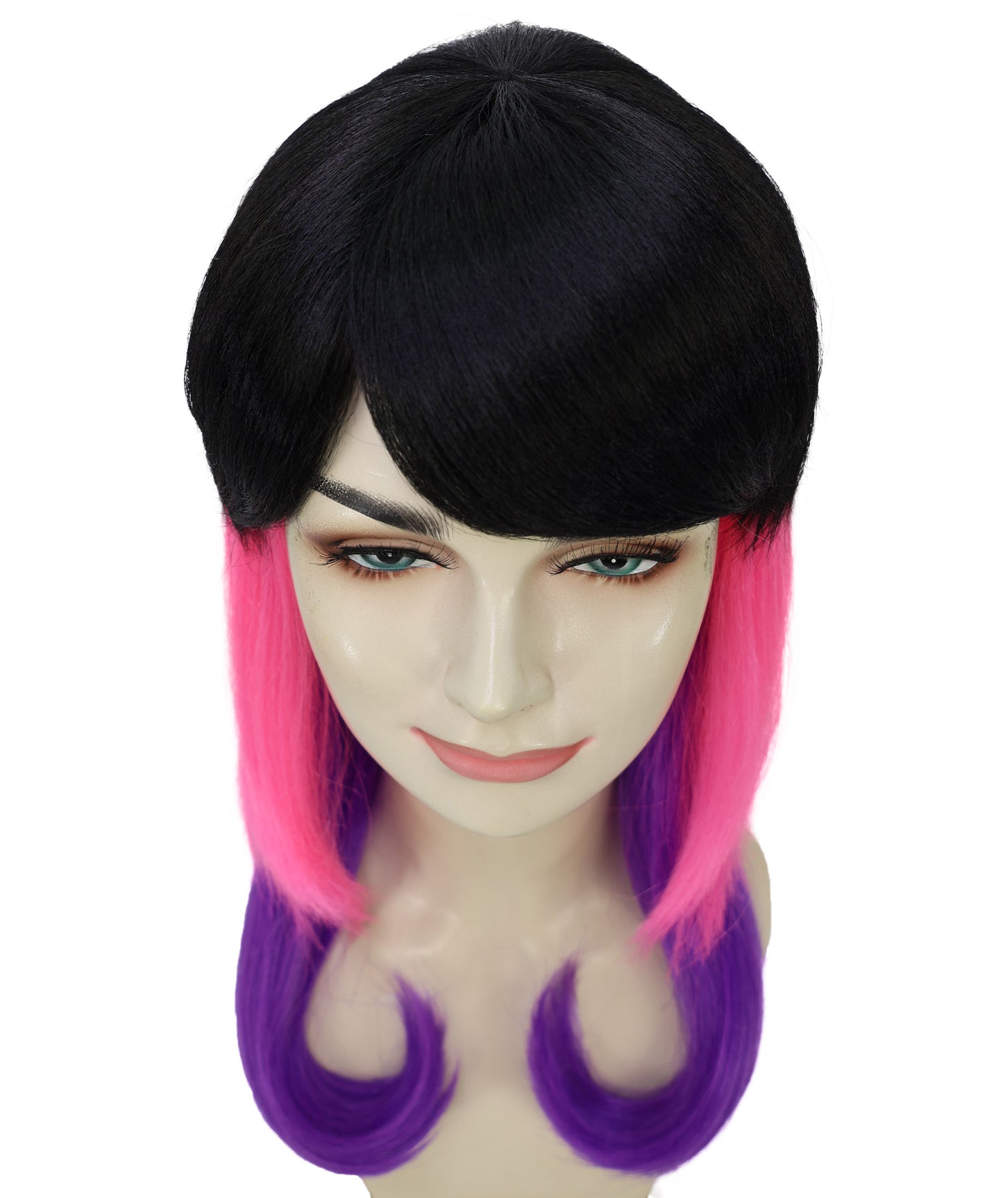 HPO Adult Unisex Tri Color Fruit Punch Wig | Vibrant Black Pink Violet Flame Mix | Synthetic Flame-Retardant Hair | Capless Cap | Halloween Festival Wig