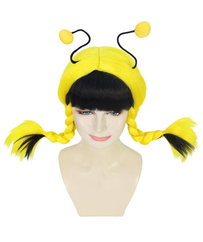 HPO Adult Women's Bee Mine Wig | Black and Yellow Striped Bob Wig with Antenna Headband for Women and Teens | Perfect for Bee Costumes, Halloween, Festivals Events