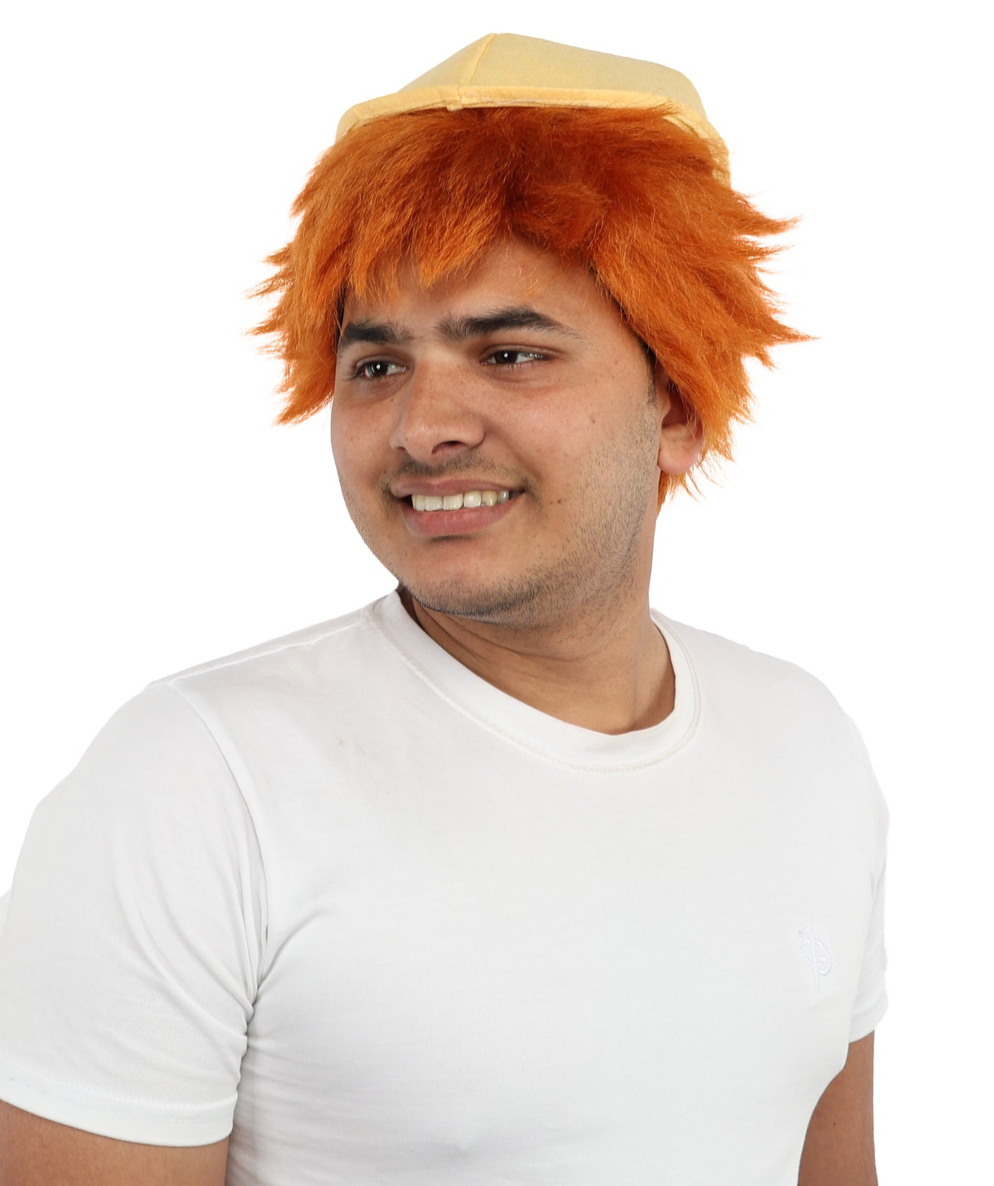 HPO Men's 10 Inch Auburn Wig with Yellow Hat | Short Tousled Style Lightweight Capless Cap | Ideal for Cosplay, Theater & Dress-Up Events