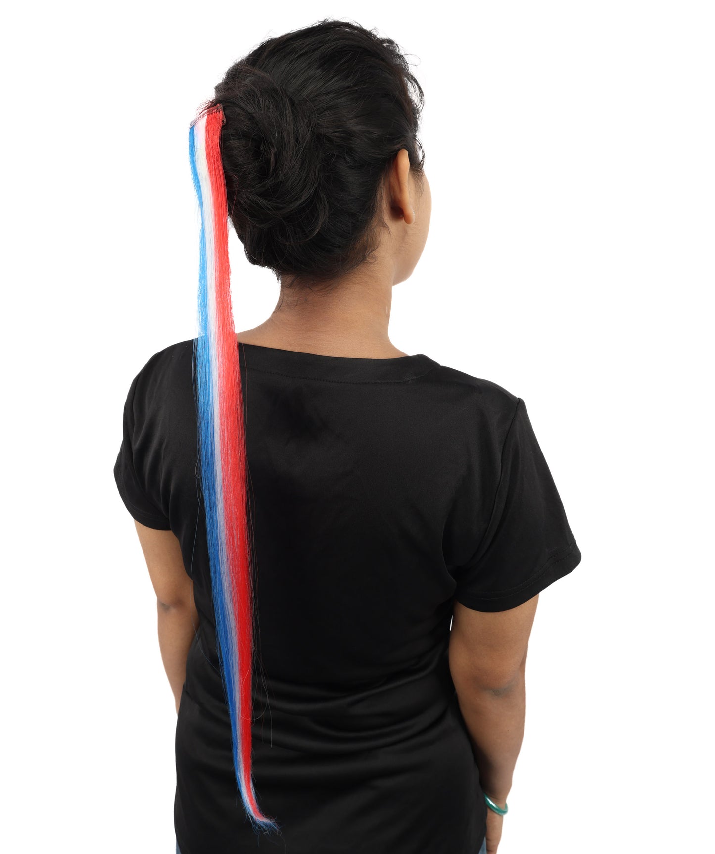 HPO Women's International Clip-in Hair Extension | Sleek red, white, and blue synthetic fibers featuring a secure snap attachment | Ideal for party, Halloween, cosplay, theater, drag, performance, costume events