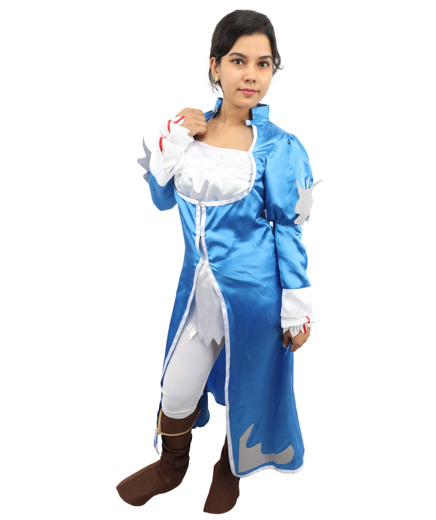 HPO Women's Anime Sorceress Roleplay Suit | Flowing white and blue satin jersey construction featuring a long dress, hand gloves, and leg socks | Ideal for party, Halloween, cosplay, theater, drag, performance, costume events