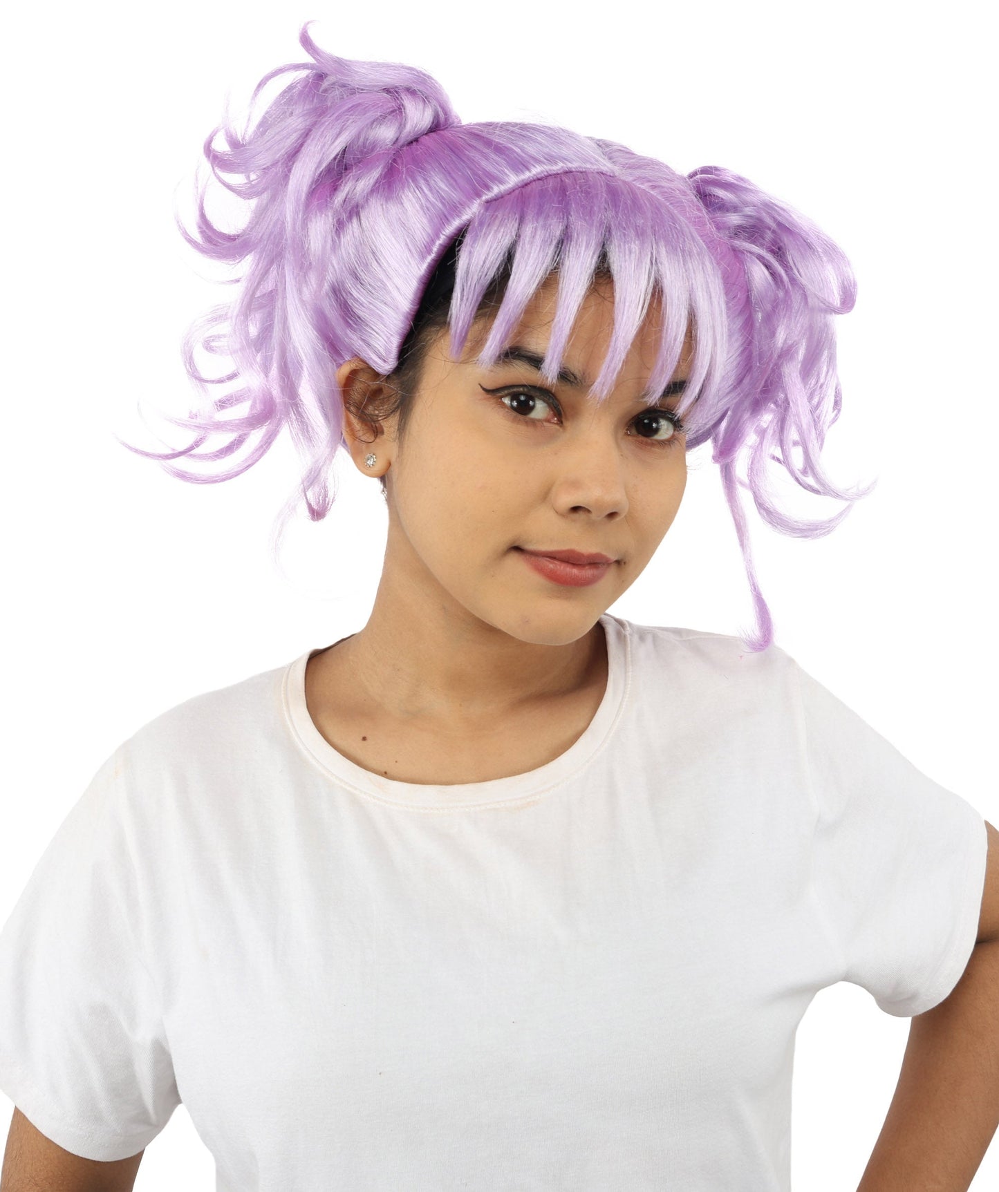 HPO Adult Women’s Messy Twin Bun Wig with Graphic Bangs | Multiple Color Options | Edgy Wig for Cosplay, Fashion Events, Halloween & Stage Wear | Adjustable Cap, Lightweight Synthetic Fiber