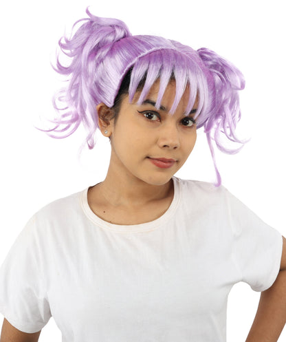 HPO Adult Women’s Messy Twin Bun Wig with Graphic Bangs | Multiple Color Options | Edgy Wig for Cosplay, Fashion Events, Halloween & Stage Wear | Adjustable Cap, Lightweight Synthetic Fiber