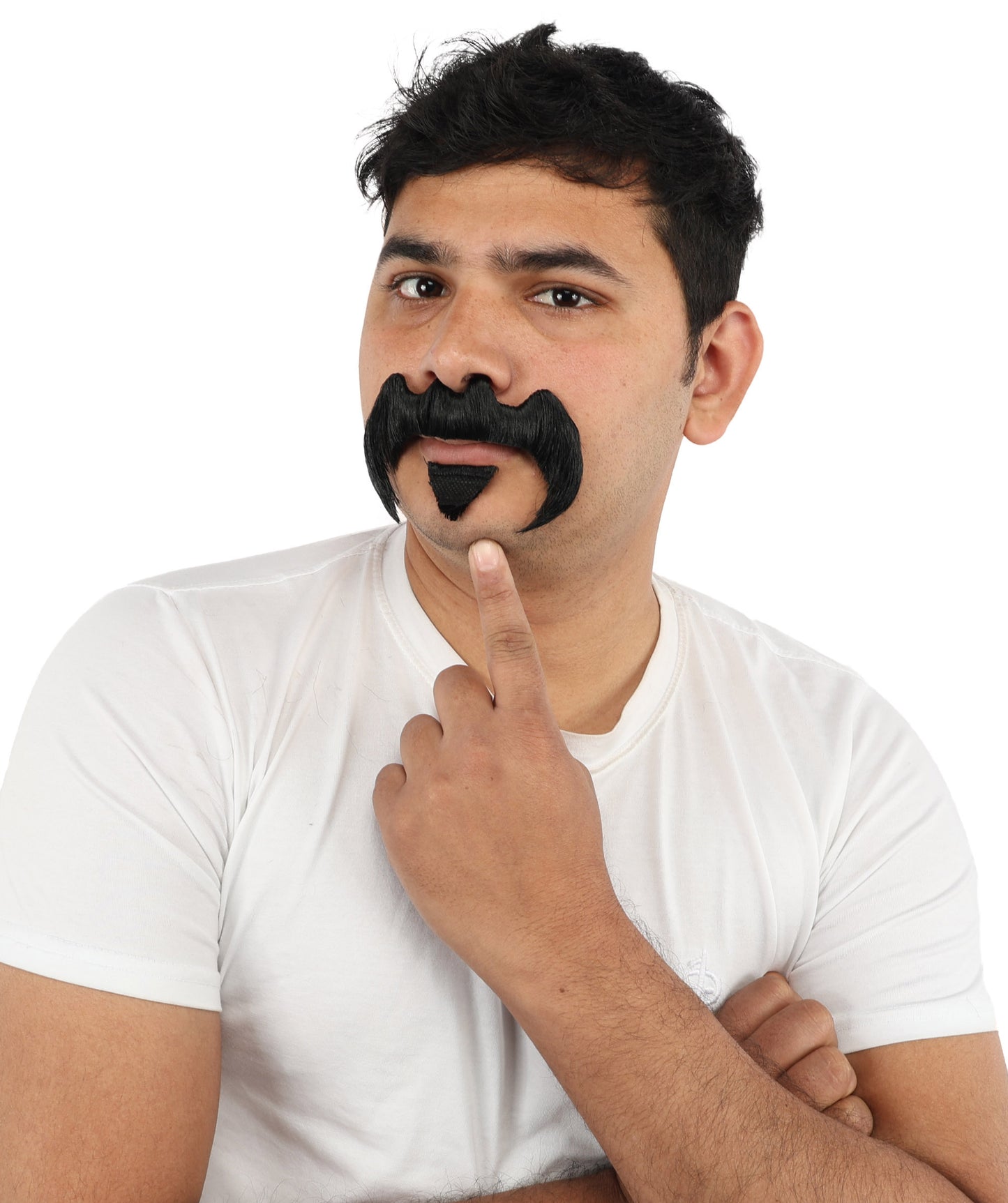 HPO Men’s Bold Horseshoe Mustache with Chin Beard Set – Flame-retardant Synthetic Fiber Fake Facial Hair | Ideal for Halloween Parties, Cowboy, Police Roleplay and Themed Events