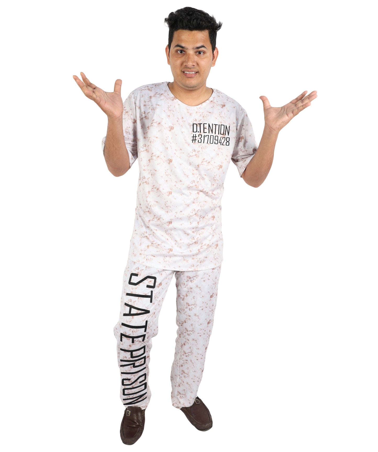 HPO Men's Asylum Inmate White Costume | Distressed State Penitentiary Jailbird Scrub Top and Trousers Combo | Halloween Horror Cosplay Theater Performance Wardrobe Piece
