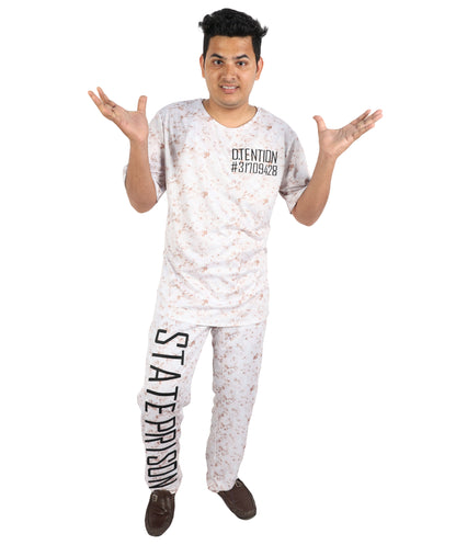 HPO Men's Asylum Inmate White Costume | Distressed State Penitentiary Jailbird Scrub Top and Trousers Combo | Halloween Horror Cosplay Theater Performance Wardrobe Piece