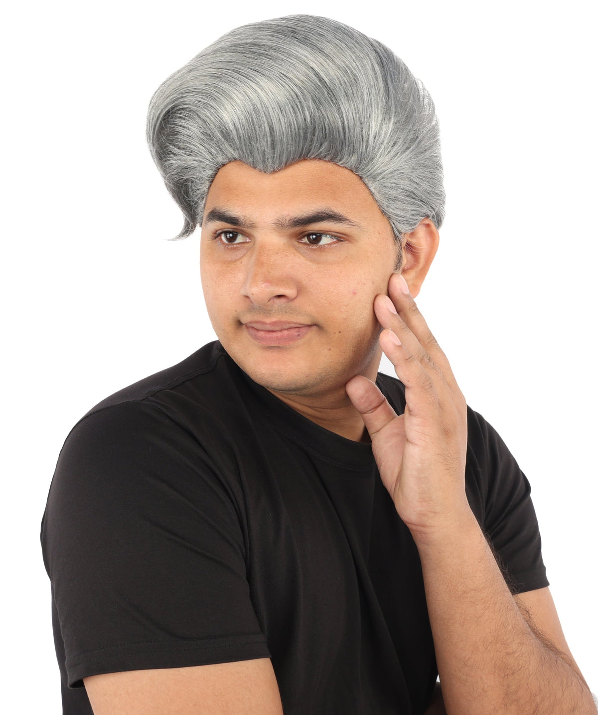HPO Adult & Teen Men's Sleek Updo Theatrical Wig | Icy silver tone, create of synthetic fiber, striking swept front volume, breathable base | Party, Halloween, theater, drag, performance, costume events