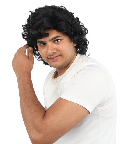 HPO Men’s 80s Light Brown Curly Mullet Wig | Flame-retardant Synthetic Fiber | Retro Movie Character Inspired Hairpiece for Cosplay & Halloween