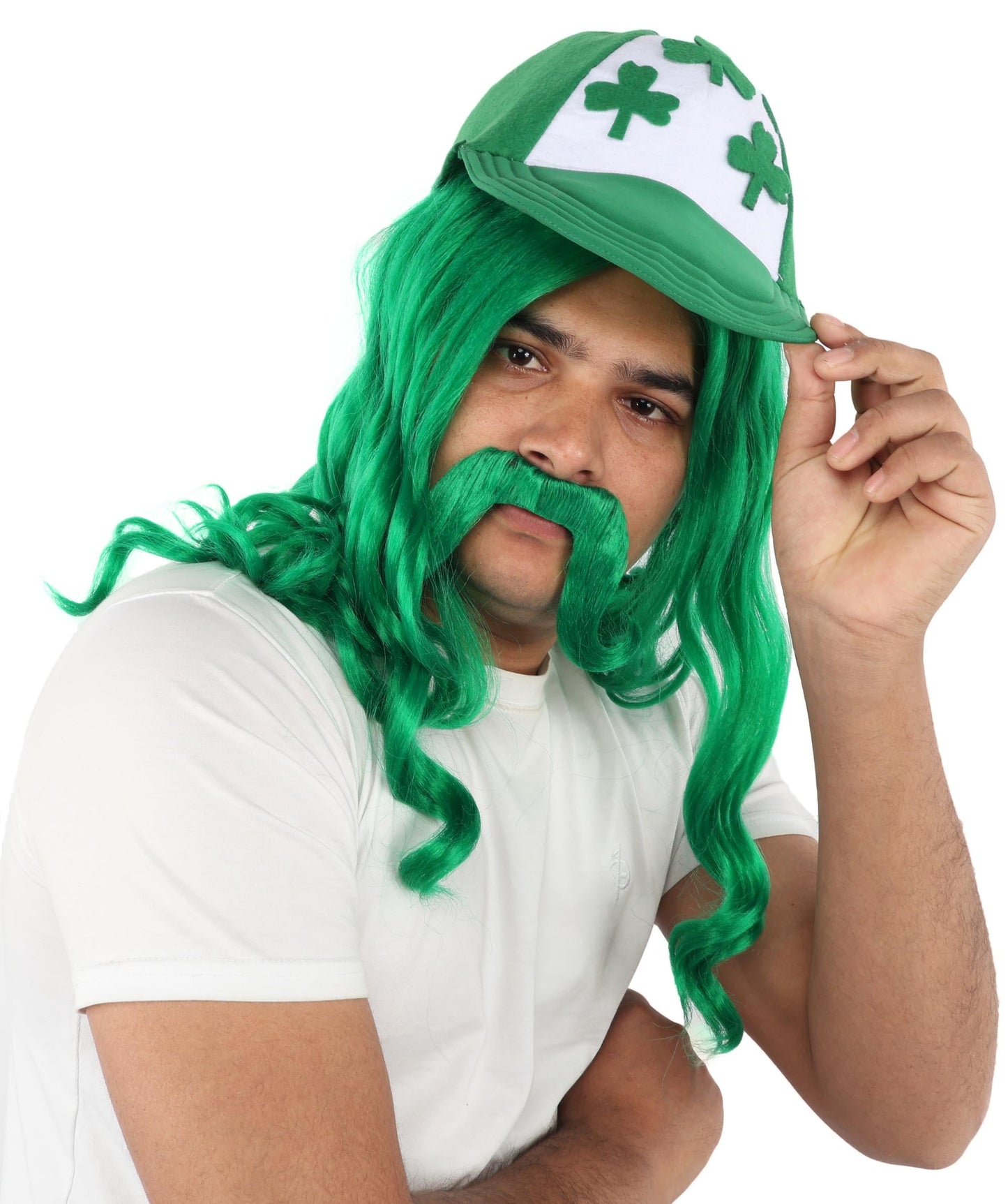 Green Mullet Hair Hat Wig & Mustache Set for Men | Synthetic Retro Punk Hairstyle | Wigs for Cosplay, Halloween, Parties & Roleplay