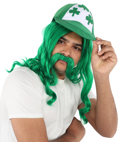 Green Mullet Hair Hat Wig & Mustache Set for Men | Synthetic Retro Punk Hairstyle | Wigs for Cosplay, Halloween, Parties & Roleplay