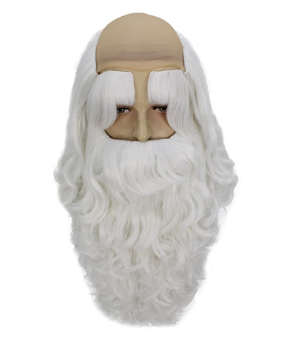 HPO Men's White Santa Wig and Beard Set – Fake Mustache, Long Beard & Eyebrows | Christmas Character Accessories for Stage, Cosplay & Holiday Dress-Up