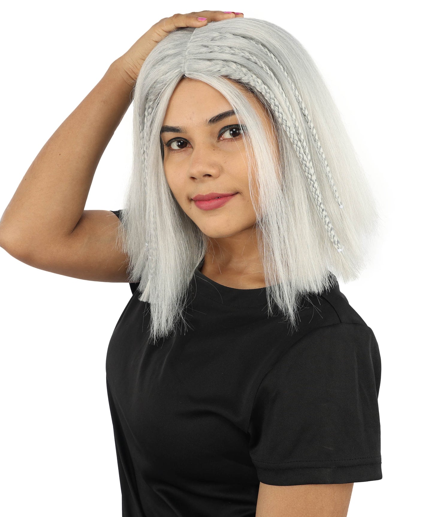HPO Celebrity-Style 11 Inch Green Rooted Blonde Front Braided Straight Wig | Shoulder-Length Fun, Bold, and Stylish Hairpiece  | Ideal for Halloween, Cosplay, and Themed Parties