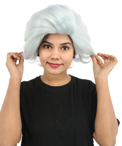 Vintage Wavy Silver Blue Wig | 12 Inch Voluminous Swept Back Curls Retro Texture | Party Halloween Cosplay Theater Drag Performance Costume Events