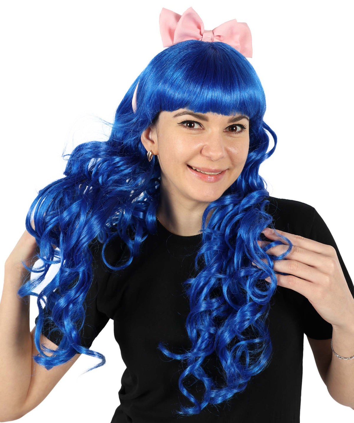 HPO Women's American Singer Medium Length Blue Wavy Pink Bow Wig | Halloween Wig | Flame-retardant Synthetic Fiber