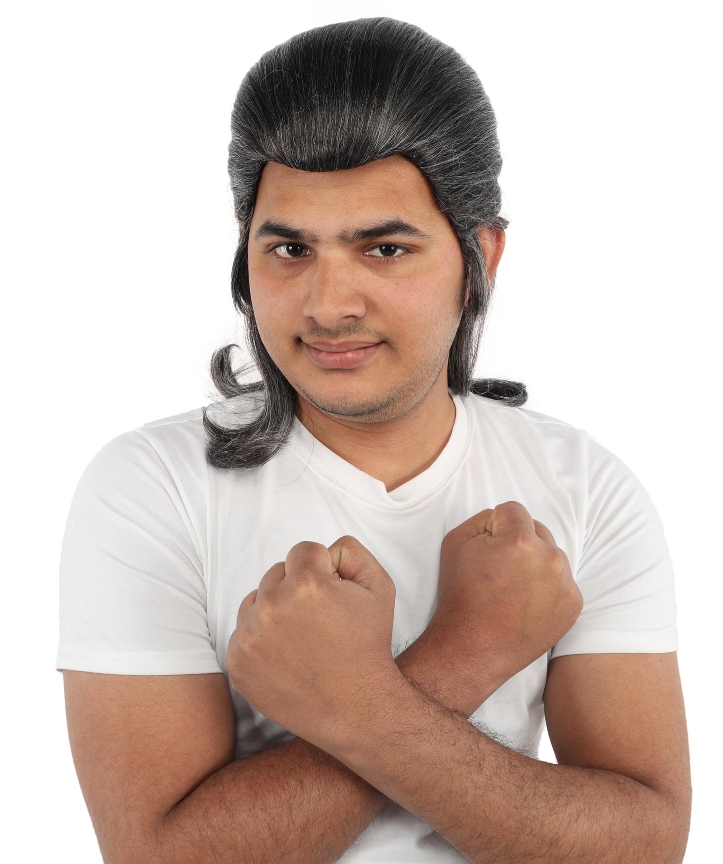 HPO Men's Samurai Warrior Wig | 15 Inch Grey & White Mixed Swept Back Texture Half Ponytail Style | Party Halloween Cosplay Theater Drag Performance Costume Events