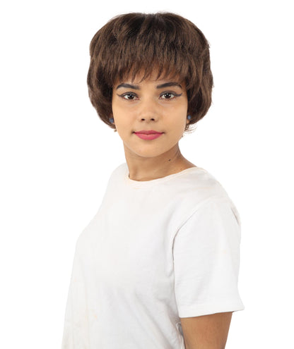 HPO Adult Women's Short Silver White Pixie Wig  | Edgy Layered Cut with Bangs | Synthetic Hair Wig for Stage Fashion, Cosplay, Halloween & Bold Party Looks