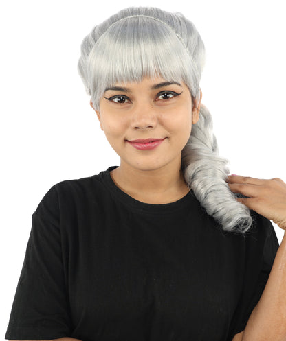 HPO Women's Spiral Ponytail Wig | Multicolor Options | High Updo with Red Ribbon Bow & Bangs, Heat Friendly Synthetic Fiber & Breathable Cap | Halloween, Christmas Event, Themed Party, Theater & Roleplay