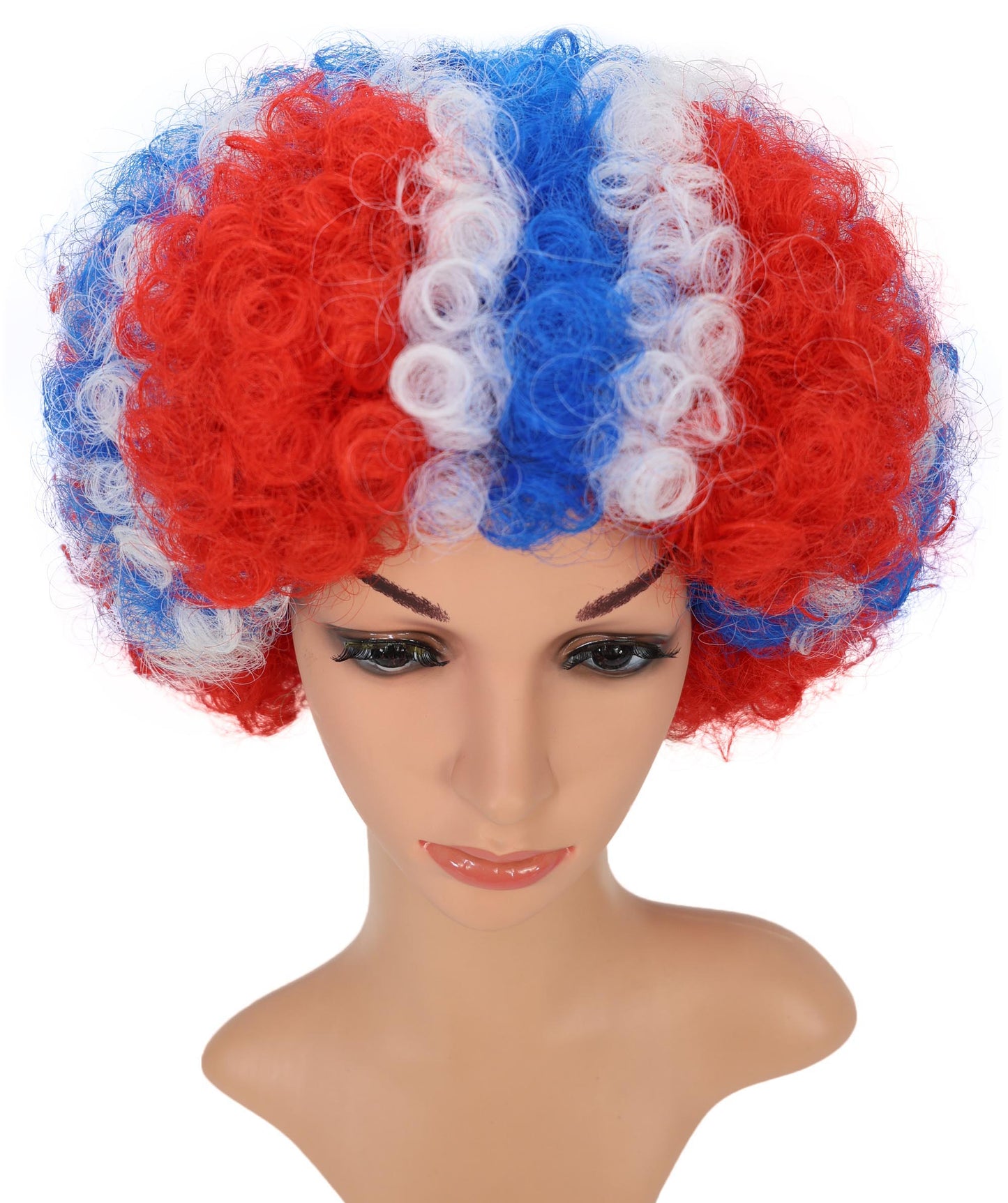 HPO Norway Clown Wig – Red, White & Blue Flag Afro Style | Fun Costume Wig for Sports Fans, National Day, Parties