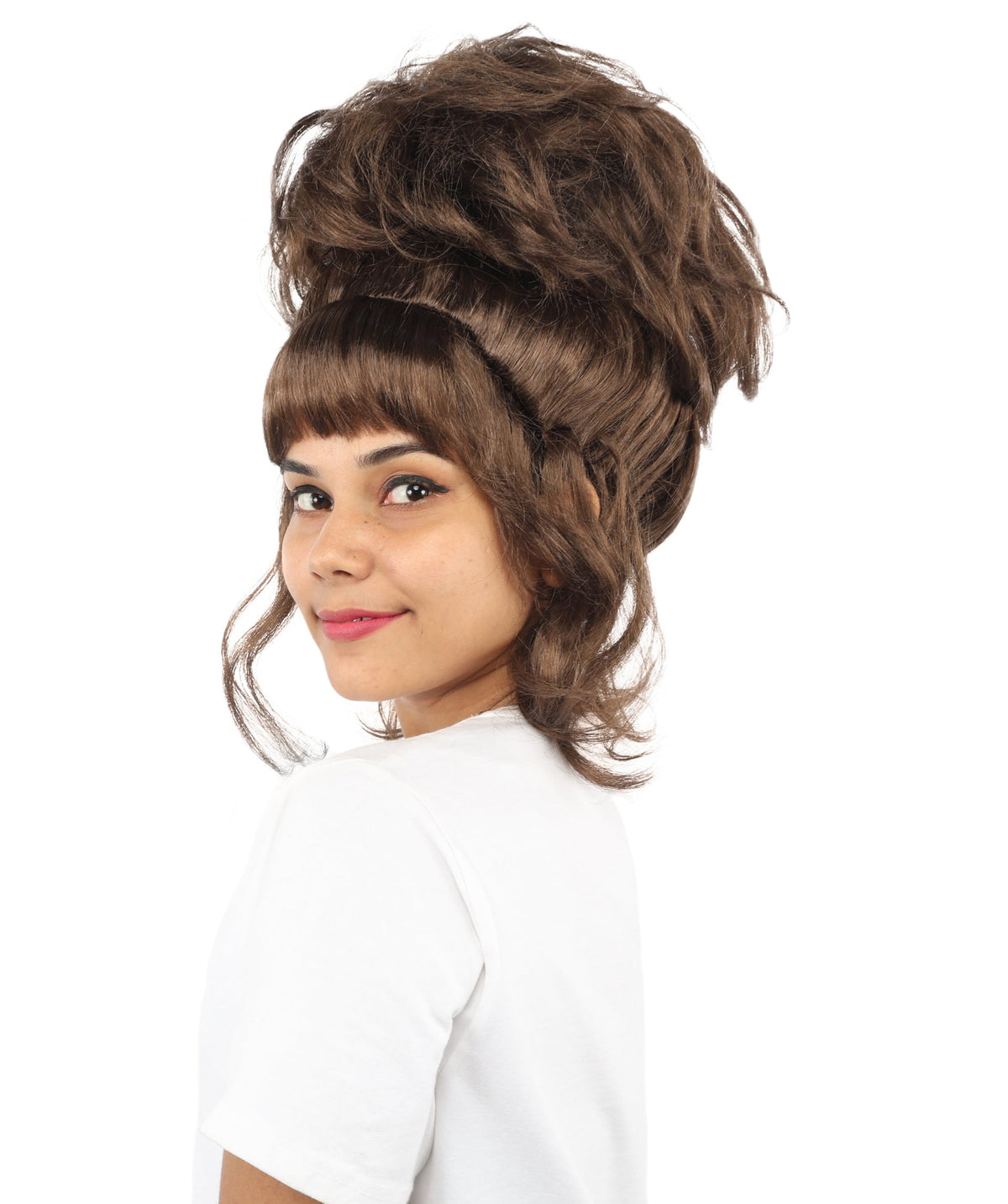 HPO Adult Women's Elegant Updo Tendril Wig | Multiple Color Options | Pastel peach hue, create of synthetic fiber, high teased volume with face-framing strands, breathable capless cap | Party, Halloween, theater, drag, performance, costume events