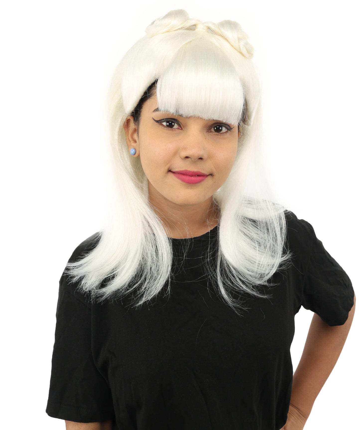 HPO Women's Brown & Pink Half Updo Bangs Wig | Create of synthetic fiber, blunt fringe with top bow, breathable base | Party, Halloween, theater, drag, performance, costume events