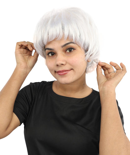 HPO Women's Short Silver White Pixie Wig  | Edgy Layered Cut with Bangs | Synthetic Hair Wig for Stage Fashion, Cosplay, Halloween & Bold Party Looks