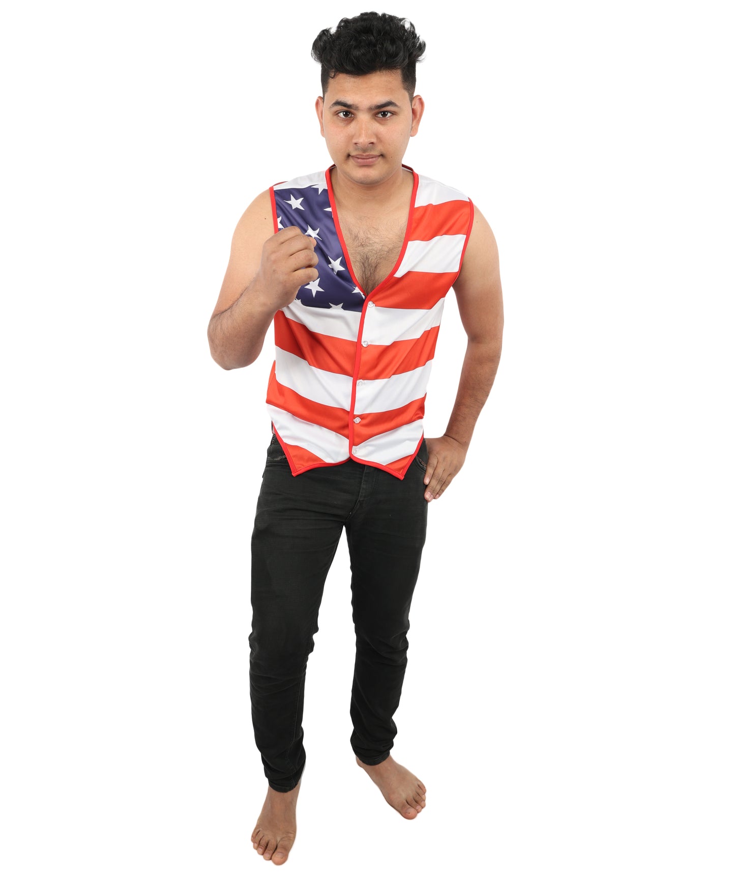 HPO Men's American Pride Waistcoat Costume | Sleeveless V-Neck Top Featuring USA Symbolism | Versatile for Stage Shows, Parades, and Election Parties