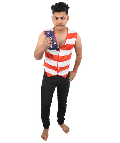 HPO Men's American Pride Waistcoat Costume | Sleeveless V-Neck Top Featuring USA Symbolism | Versatile for Stage Shows, Parades, and Election Parties