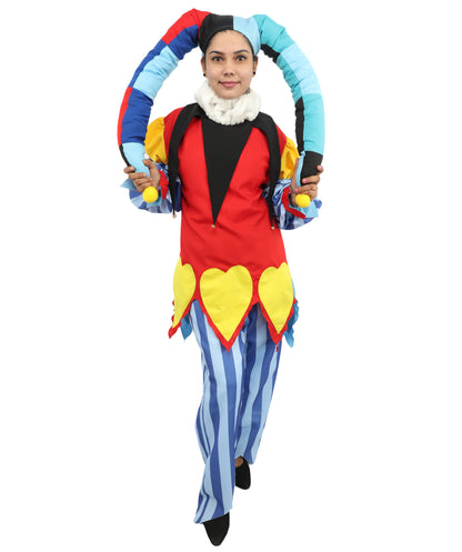 HPO Women's Harlequin Jester Costume | Multi-Pattern Ronior and Uniform Fabric Construction with Horned Cap and Drawcord | Ideal for Halloween, Drag, Theater, and Themed Performance Events