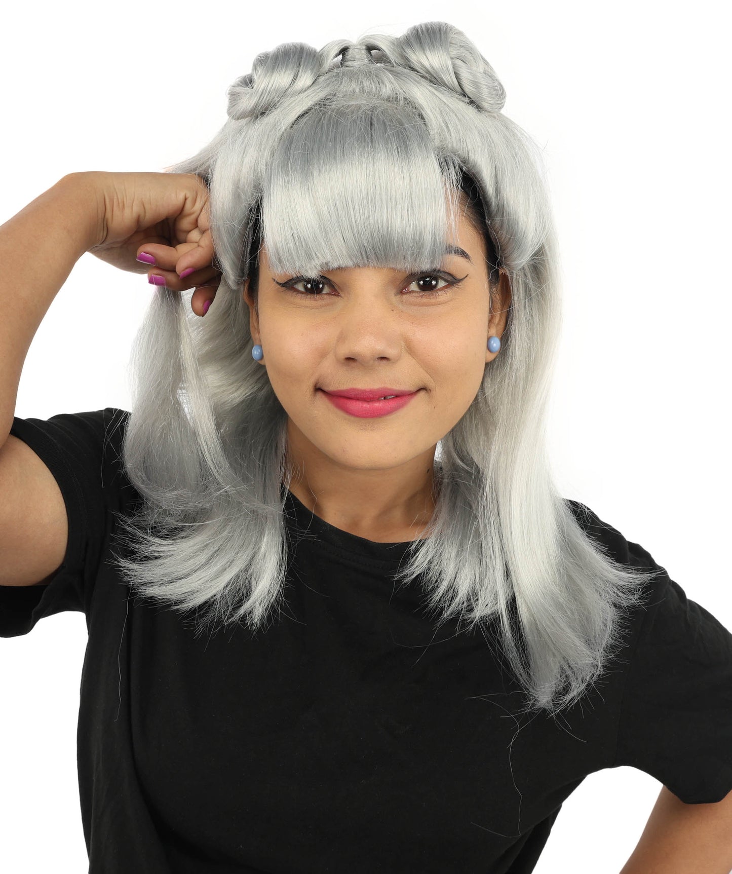 HPO Women's Brown & Pink Half Updo Bangs Wig | Create of synthetic fiber, blunt fringe with top bow, breathable base | Party, Halloween, theater, drag, performance, costume events
