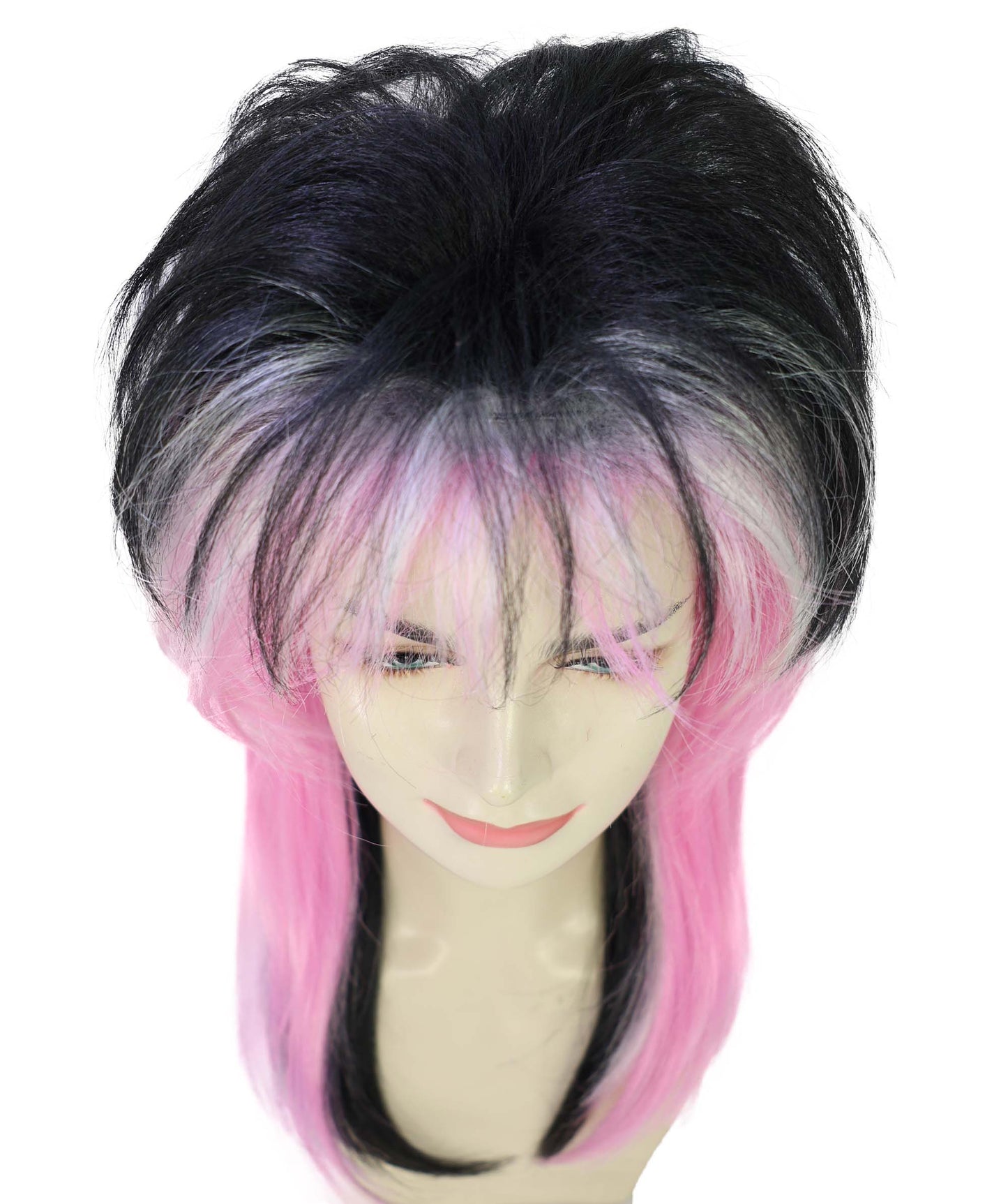 HPO Adult Women’s  80’s Rock Star Wig | Black & Pink Layered Hair for Halloween & Themed Parties| Breathable Capless Cap