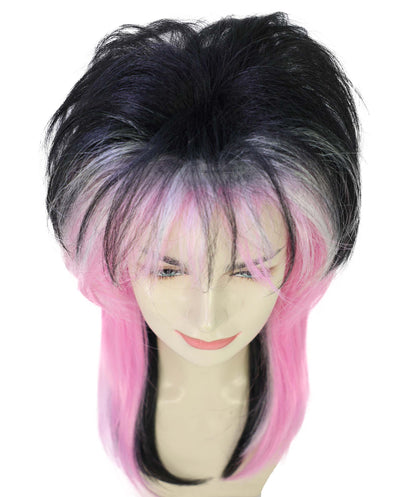 HPO Adult Women’s  80’s Rock Star Wig | Black & Pink Layered Hair for Halloween & Themed Parties| Breathable Capless Cap
