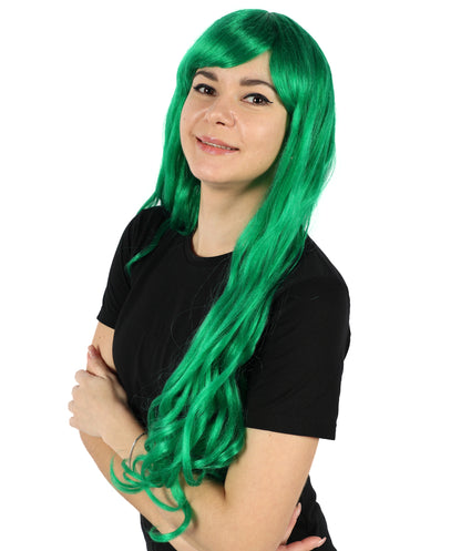 HPO Women's Red Long Wavy Desire Wig with Front Bangs | Halloween and Party Wig | Flame-retardant Synthetic Fiber  |  Premium Breathable Capless Cap
