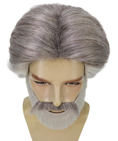 HPO Adult Men’s Franco Culture Modern Grey Halloween Wig, Mustache & Beard Set | Synthetic Flame‑Retardant Fiber | Breathable Capless Cap for Stage & Party