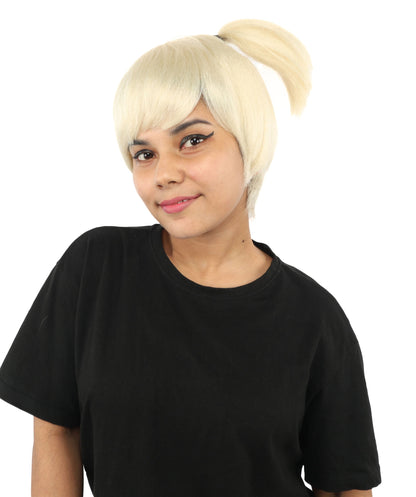 HPO Adult Women's Anime Trainer Character Wig | Vibrant hue multicolor options, create of synthetic fiber, short choppy bob with high side ponytail, breathable base | Cosplay, Halloween, theater, party, performance, costume events