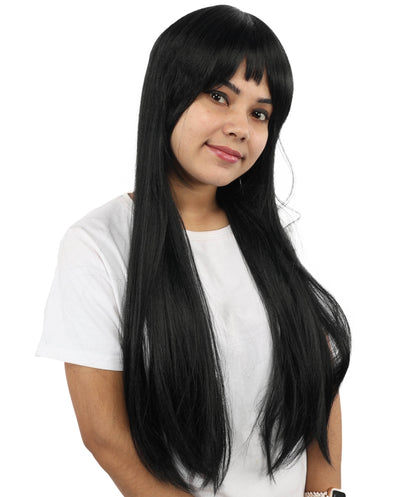 HPO Women's Sleek Straight Wig | 27 Inch Black Texture Face Framing Bangs Heat Friendly Fiber | Party Halloween Cosplay Theater Drag Performance Costume Events