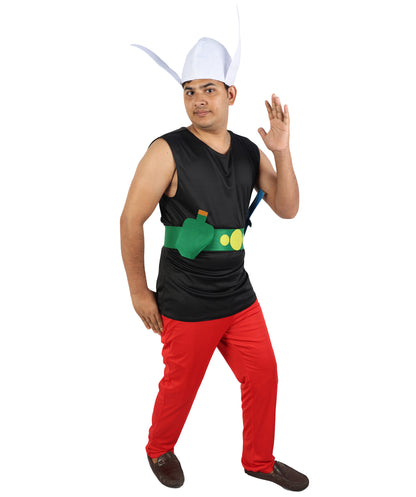 HPO Men's Gaulish Warrior Multicolor Costume | Sleeveless Black Vest Top Bright Red Trousers Winged Helmet Novelty | Halloween Cosplay Theater Drag Performance Costume Events
