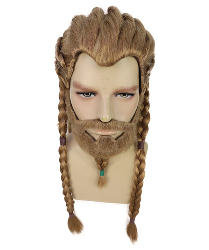 HPO Men's Viking Braided Brown Wig, Beard & Mustache Set | Long Synthetic Hair with Braided Styling | Nordic Warrior Inspired or Festivals, Parties