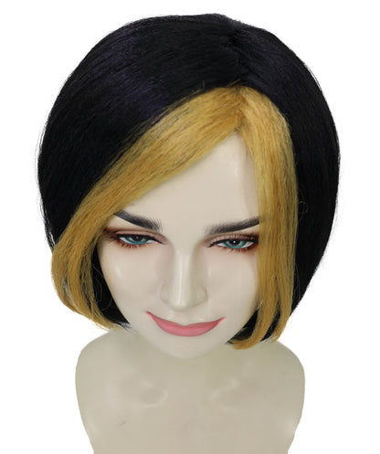 HPO Women's Shimmering Short Black Wig with Golden Highlights | Glam Supervillain-Inspired Hairpiece | For Cosplay, Halloween, Stage & Themed Events