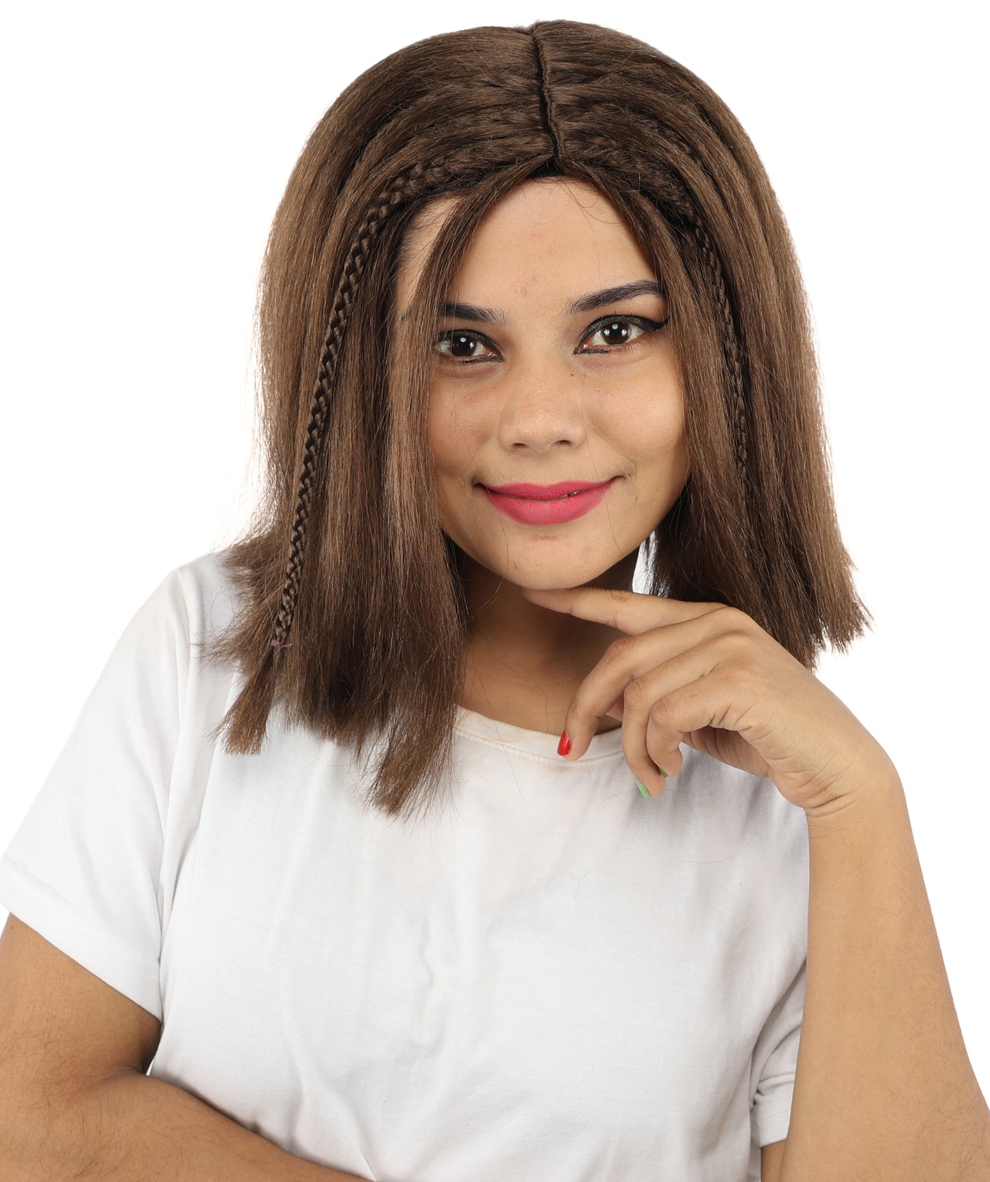 HPO Celebrity-Style 11 Inch Green Rooted Blonde Front Braided Straight Wig | Shoulder-Length Fun, Bold, and Stylish Hairpiece  | Ideal for Halloween, Cosplay, and Themed Parties