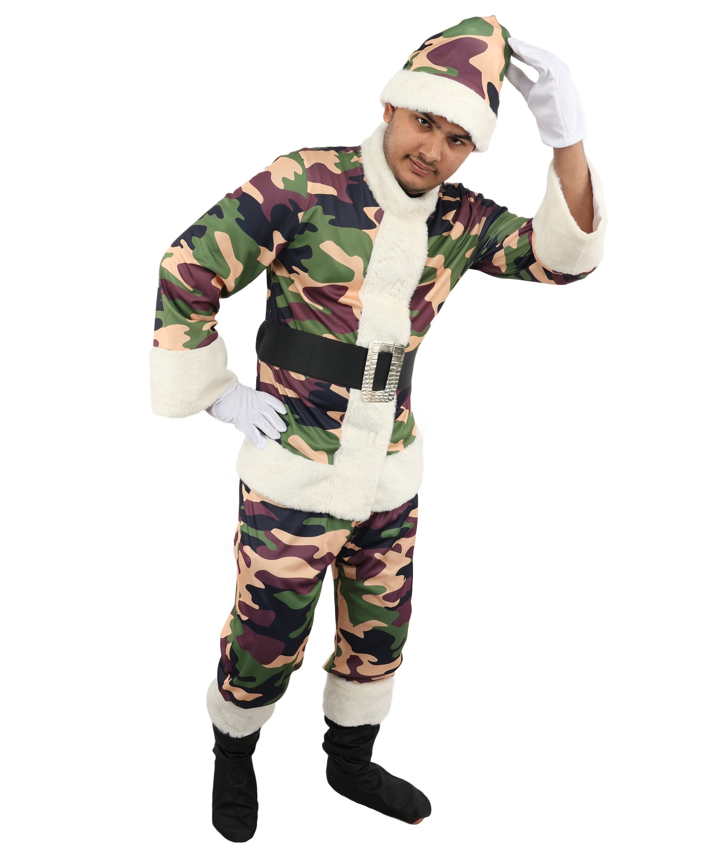 HPO Men's Camouflage Santa Costume | Plush Faux Fur Trimmed Jacket and Pants with Matching Hat | Ideal for Halloween, Theater, Drag, and Outdoor Holiday Events